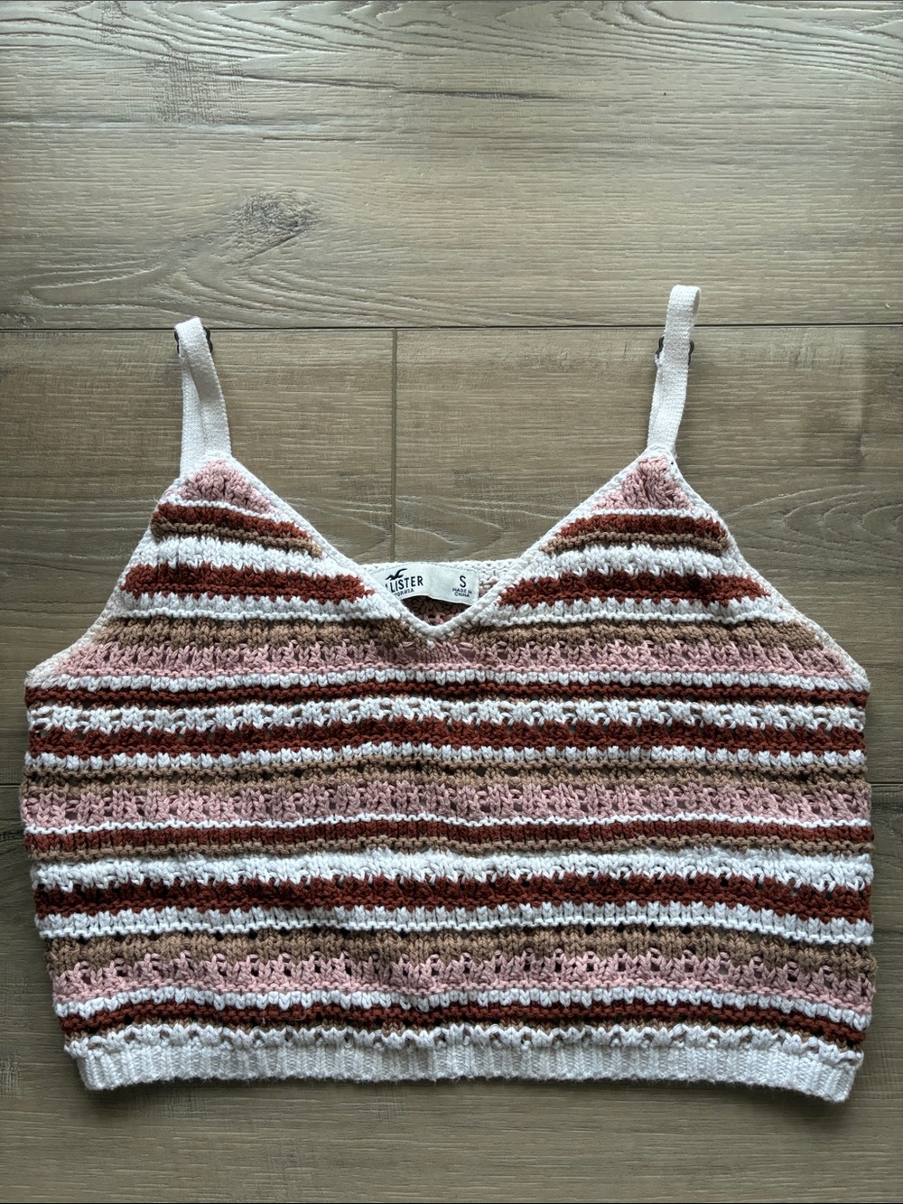 Hollister Pink, Tan & White Striped Crochet Crop Cami Size S